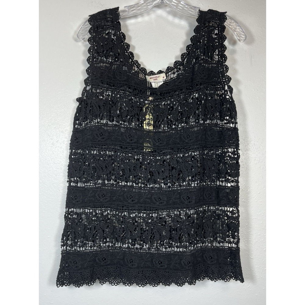 NWT Miss Kelly 1999 Sz M Tank Top Black Crochet Lace Open Weave Beach New
